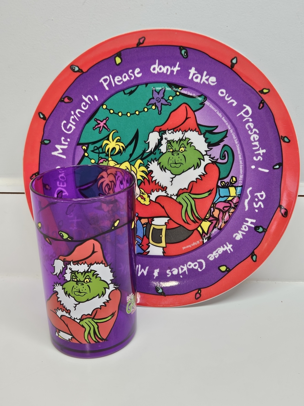 VINTAGE The Grinch's Milk & Cookies 8" Plate & Tumbler Cup Christmas Set 2000